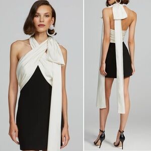 NEW Halston Renae Draped Two-Tone Bow Tie Asymmetric Halter Mini Dress Black